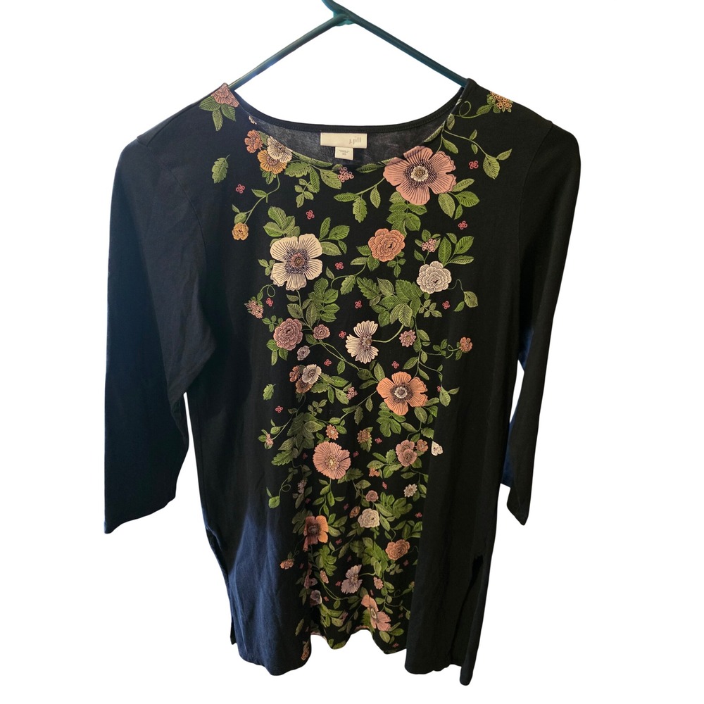 J. Jill Women Black Floral Long Sleeve Top XS Coquette Cottagecore Cotton Modal